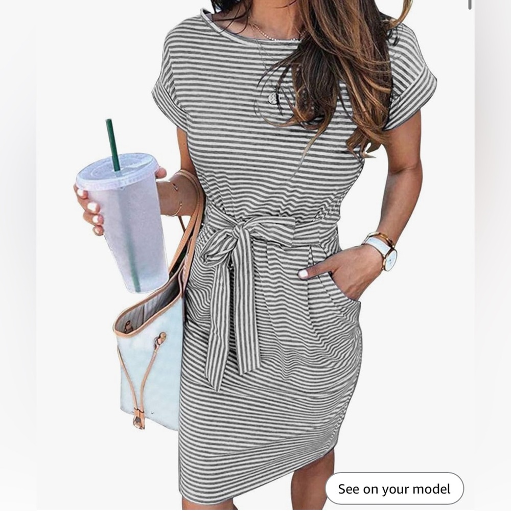 MEROKEETY Summer Striped Short Sleeve T-Shirt Dress, Casual Tie Waist, pockets L
